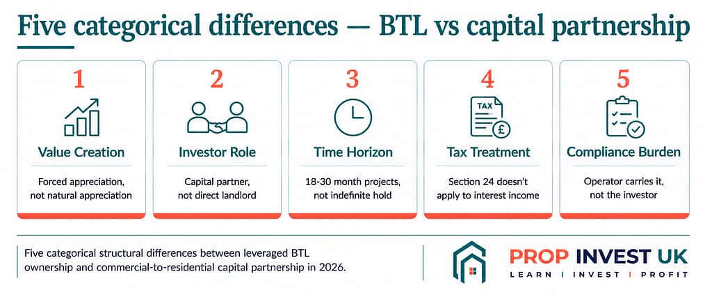 Five categorical differences between buy-to-let and commercial-to-residential capital partnership — value creation, investor role, time horizon, tax treatment, and compliance burden.