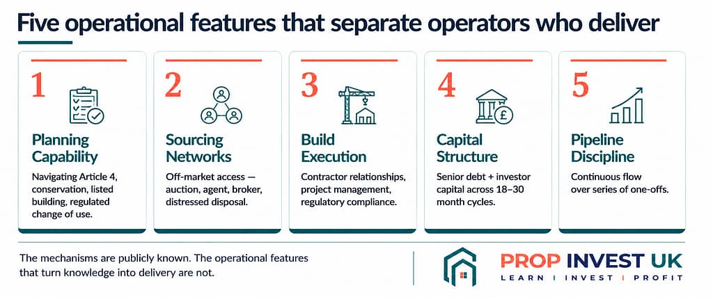 Five operational features that distinguish property operators capable of consistently delivering forced appreciation — planning capability, sourcing networks, build execution, capital structure, and pipeline discipline.