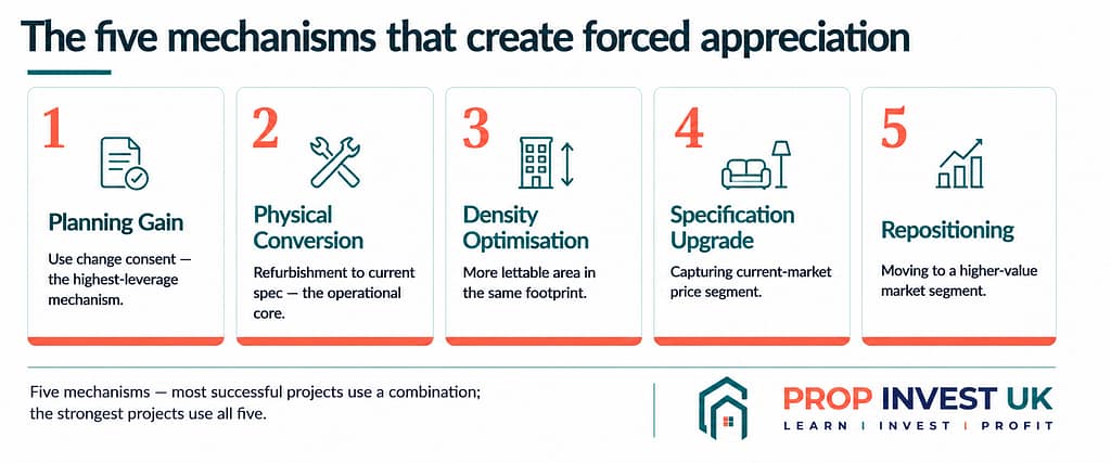 Five mechanisms that create forced appreciation in property development — planning gain, physical conversion, density optimisation, specification upgrade, and repositioning.