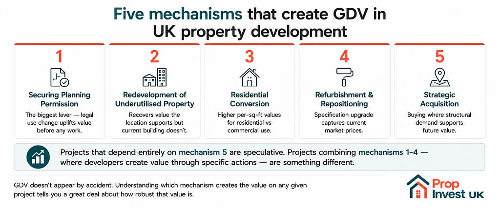 Five mechanisms that create Gross Development Value in UK property development — securing planning permission, redevelopment of underutilised property, residential conversion, refurbishment and repositioning, and strategic acquisition.