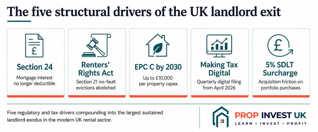 Five structural drivers of UK landlord exits — Section 24, Renters' Rights Act, EPC C deadline, Making Tax Digital, and 5% SDLT surcharge.