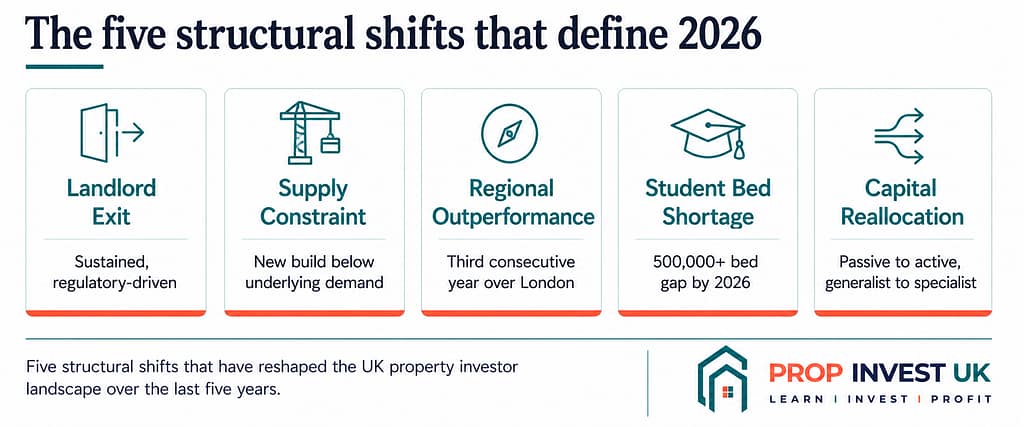 Five structural shifts defining the 2026 UK property investor landscape — landlord exit, supply constraint, regional outperformance, student bed shortage, capital reallocation.