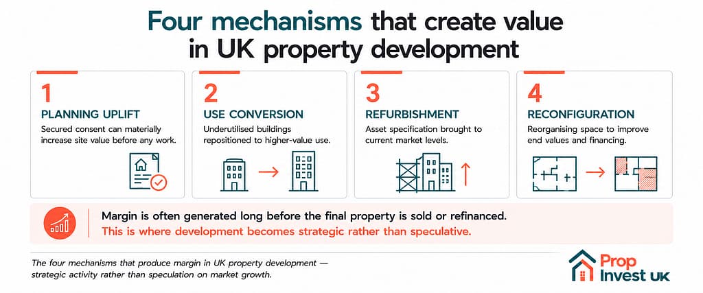 Four mechanisms that create value in UK property development — planning uplift, use conversion, refurbishment, and reconfiguration.