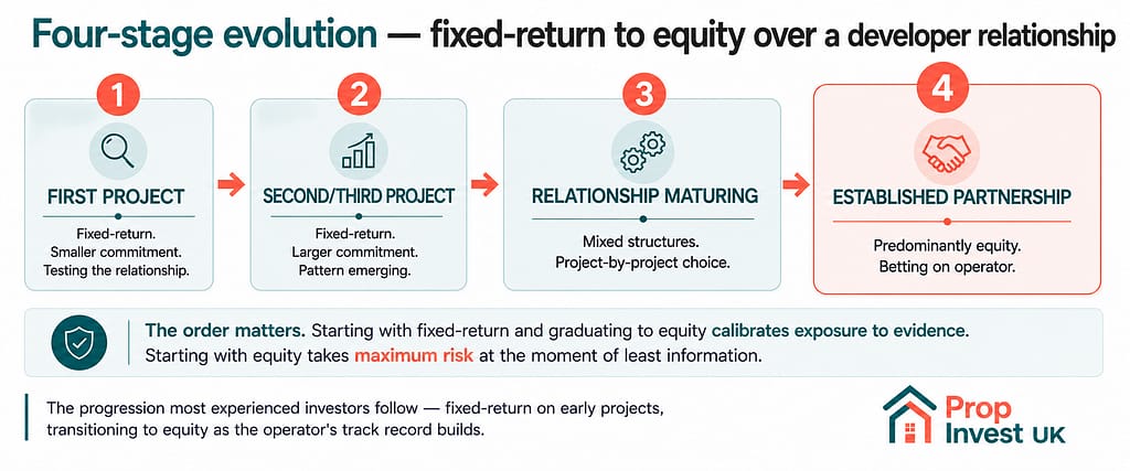 Four-stage evolution of investor-developer relationships — first project fixed-return, second and third fixed-return with larger commitment, mixed structures as relationship matures, predominantly equity in established partnership.