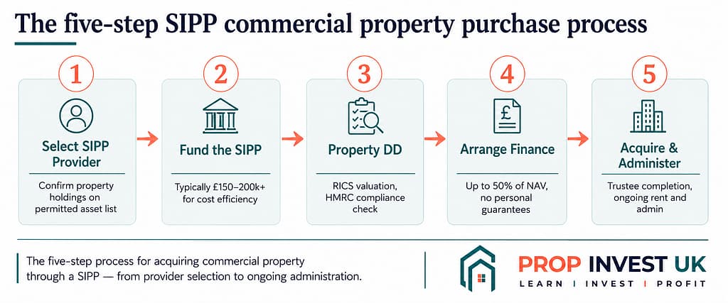 Five-step process for SIPP commercial property purchase — provider selection, funding, due diligence, financing, acquisition and administration.