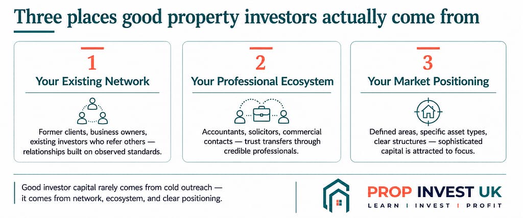 Three sources of property development investor capital — existing network, professional ecosystem, and market positioning.