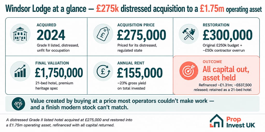 Windsor Lodge case study — investment snapshot showing a £275,000 distressed acquisition, £300,000 restoration, £1.75m final valuation, and £155,000 annual rent.