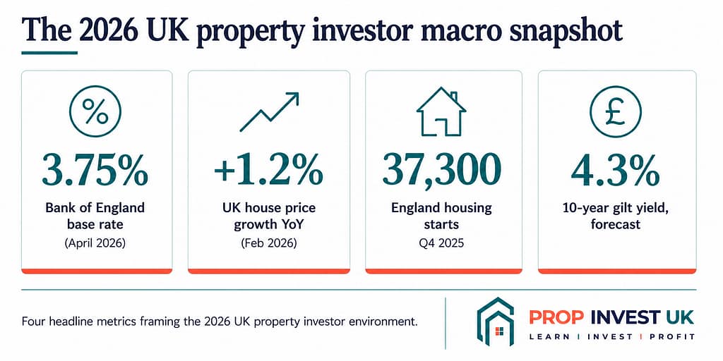 2026 macro snapshot for the UK property investor landscape — base rate 3.75%, house price growth 1.2%, 37,300 housing starts in Q4 2025, gilt yields 4.3%.