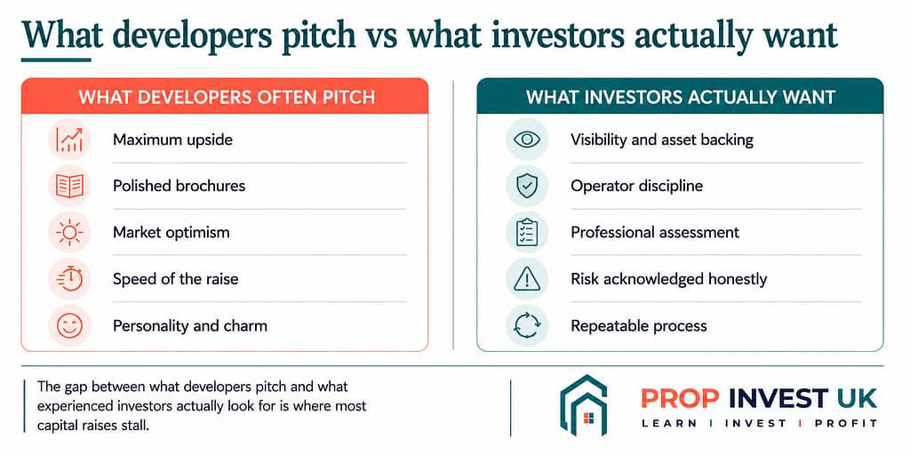 How property developers raise capital — what developers pitch versus what serious investors actually want when evaluating opportunities.