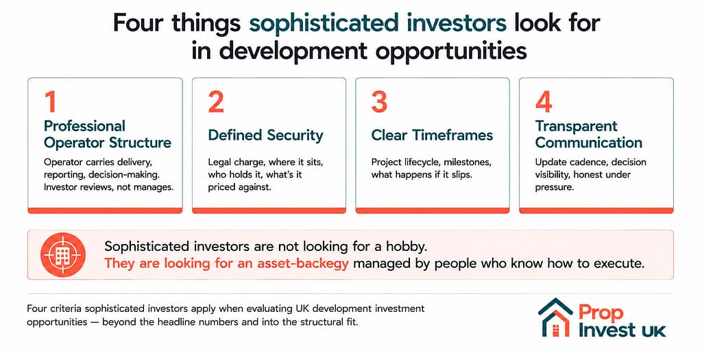 Four criteria sophisticated investors apply when evaluating UK real estate development investment opportunities — professional operator structure, defined security, clear timeframes, and transparent communication.