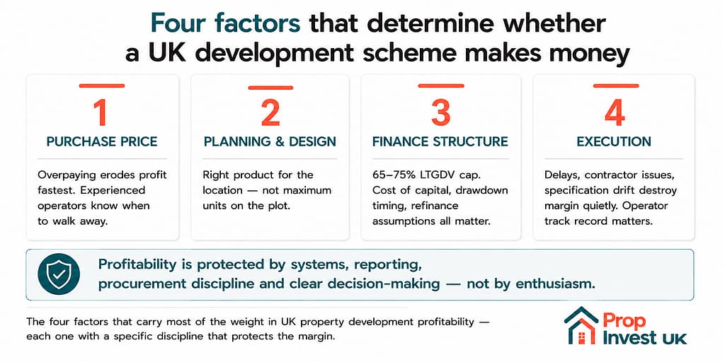 Four factors that determine UK property development profitability — purchase price discipline, planning and design fit, finance structure, and execution quality.