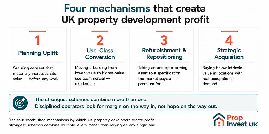 Four mechanisms that create UK property development profit — planning uplift, use-class conversion, refurbishment and repositioning, and strategic acquisition.
