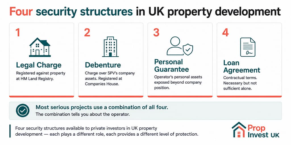 Four primary security structures available to private investors in UK property development — legal charge, debenture, personal guarantee, and loan agreement.