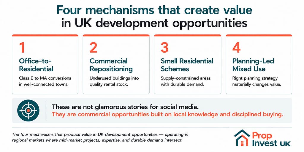 Four mechanisms that create value in UK real estate development opportunities — office-to-residential conversion, commercial repositioning, small residential schemes, and planning-led mixed use.