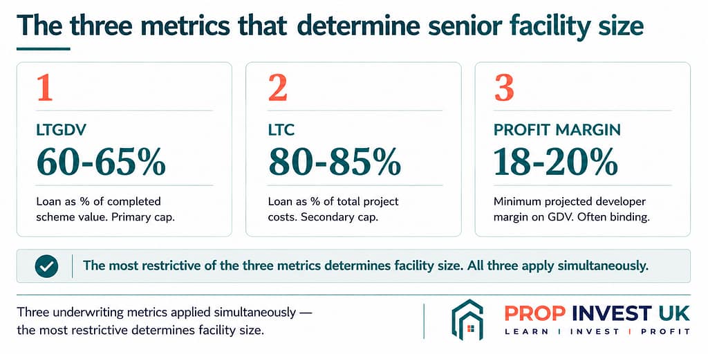 Three metrics UK senior development lenders use to size facilities — LTGDV, LTC, and developer profit margin requirements.