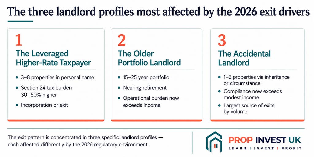 Three UK landlord profiles most affected by buy-to-let exit drivers — leveraged higher-rate taxpayers, older portfolio landlords, and accidental landlords.