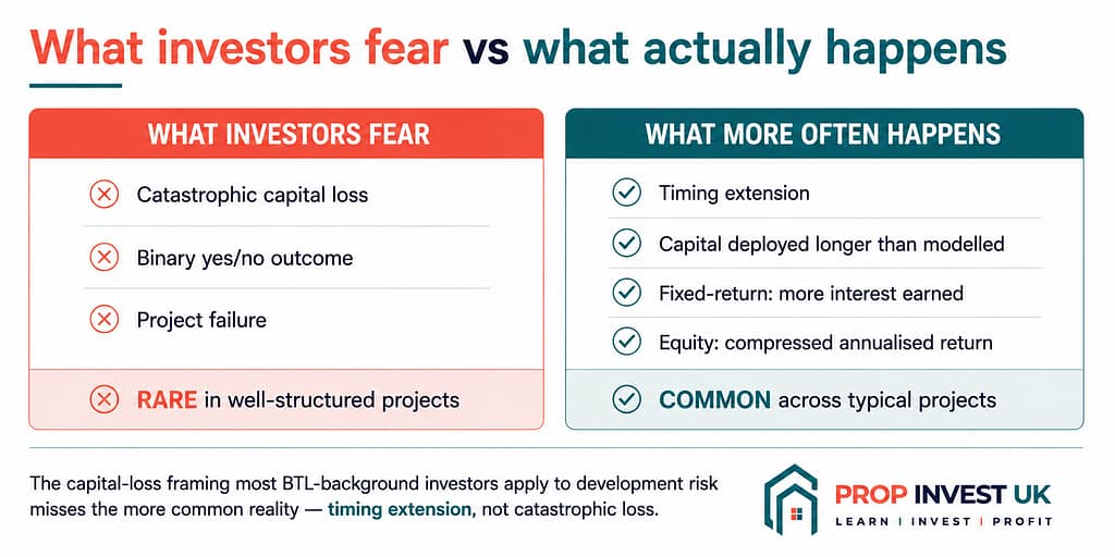 Comparison of capital loss risk versus timing risk in UK property development — what investors fear versus what more often happens.