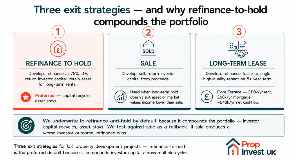 Three exit strategies for UK property development projects — refinance to hold (preferred default), sale, and long-term lease — with worked examples from completed Vernon projects.