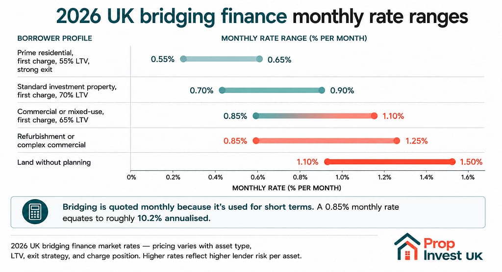 2026 UK bridging finance market rates by borrower profile — from 0.55% per month for prime residential to 1.50% per month for land without planning.
