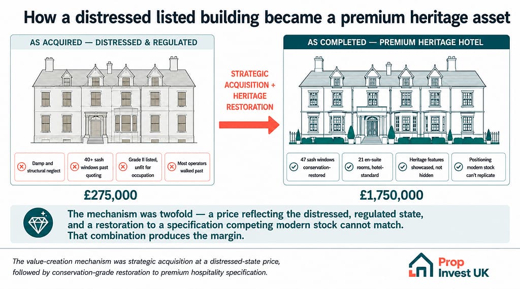 Windsor Lodge restoration mechanism — a distressed Grade II listed Swansea hotel acquired at £275,000 and restored to a £1.75m premium heritage asset.