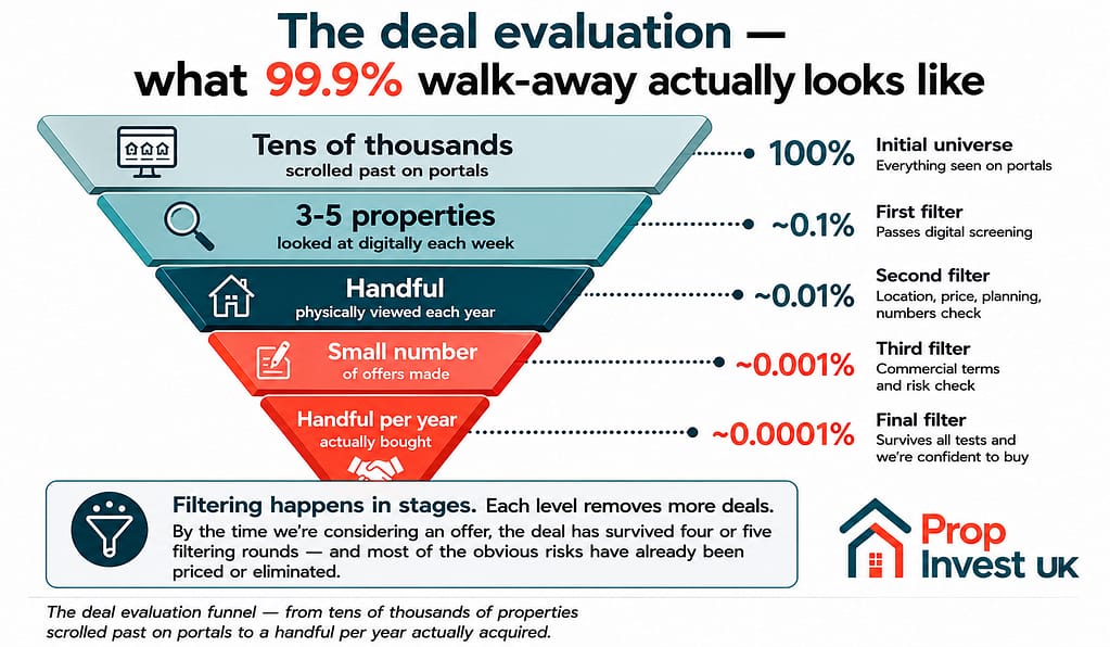 Property development deal evaluation funnel showing the volume contraction from tens of thousands of properties scrolled past to a handful per year actually acquired.