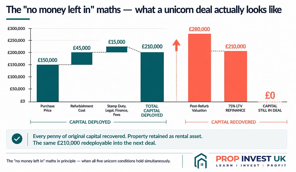 No money left in property deal maths — £150,000 purchase plus £45,000 refurbishment plus £15,000 fees equals £210,000 total deployed, recovered in full through 75% LTV refinance against £280,000 valuation.