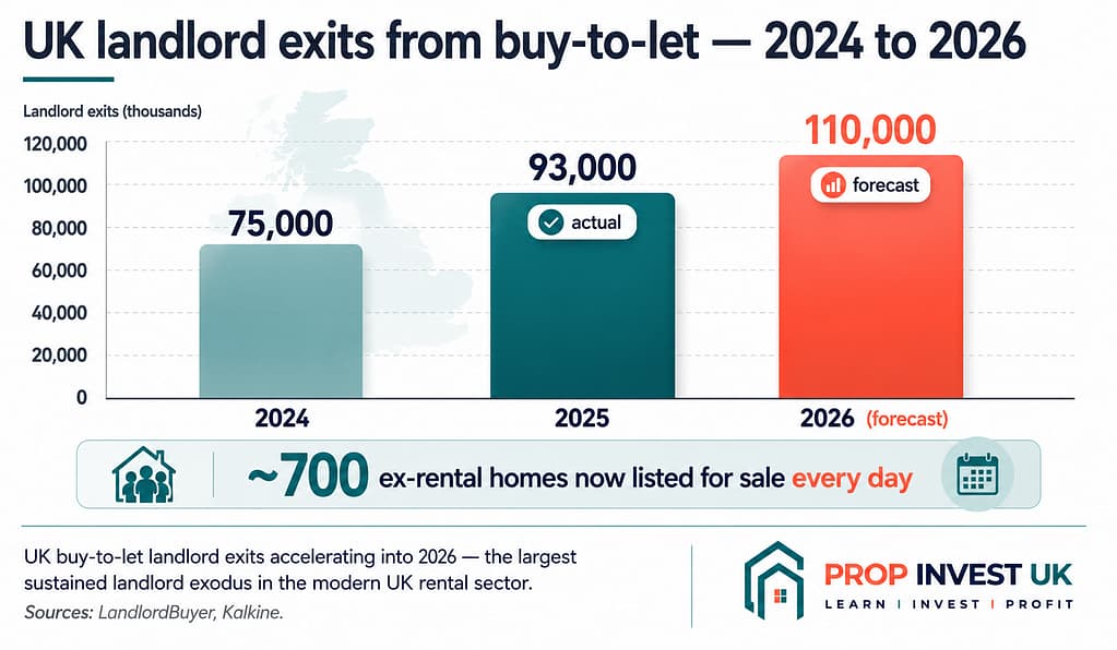 UK buy-to-let landlord exits 2024 to 2026 — 75,000 in 2024, 93,000 in 2025, 110,000 forecast for 2026.