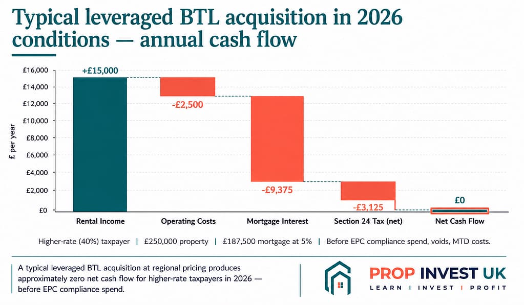 Annual cash flow breakdown for a typical leveraged buy-to-let acquisition in 2026 — net cash flow approximately zero for higher-rate taxpayers after Section 24 tax burden.
