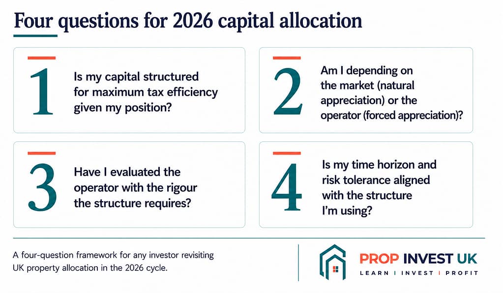 Four-question framework for 2026 UK property capital allocation — tax structure, market vs operator dependency, operator vetting, and time horizon alignment.