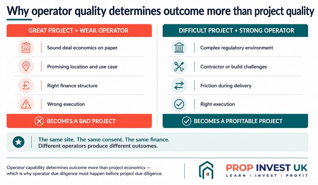 Comparison of how operator quality determines property development outcomes — great project with weak operator becomes a bad project, while a difficult project with a strong operator becomes a profitable one.
