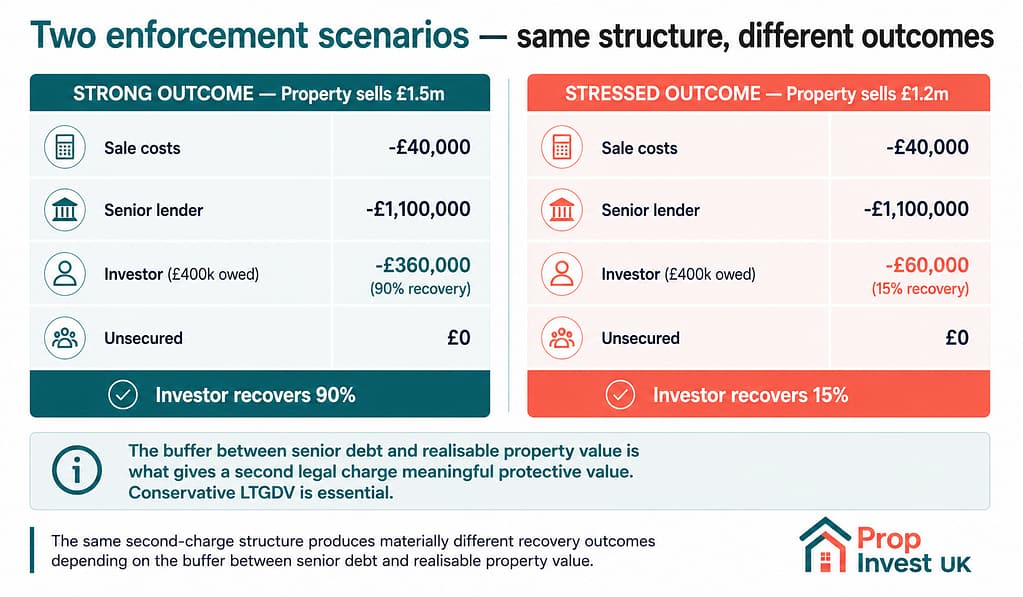 Three real investor case studies showing consistent security structure — Raf at Gore Terrace, Jason at Windsor Lodge, and Glenn at Mozarts, each holding second legal charge registered at HM Land Registry.
