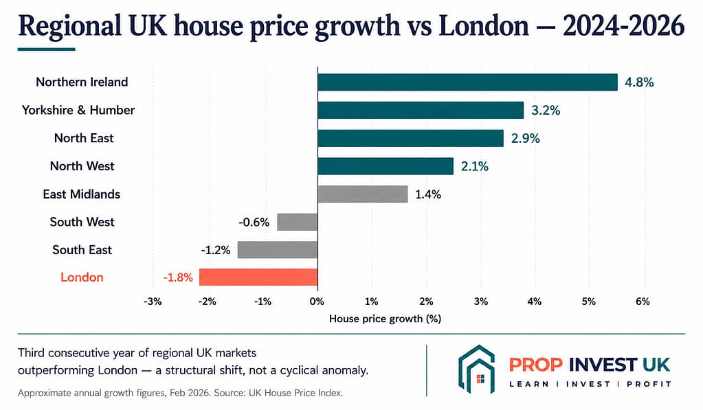 Regional UK house price growth versus London in 2026 — Northern Ireland, Yorkshire, North East and North West all outperforming as London declines.
