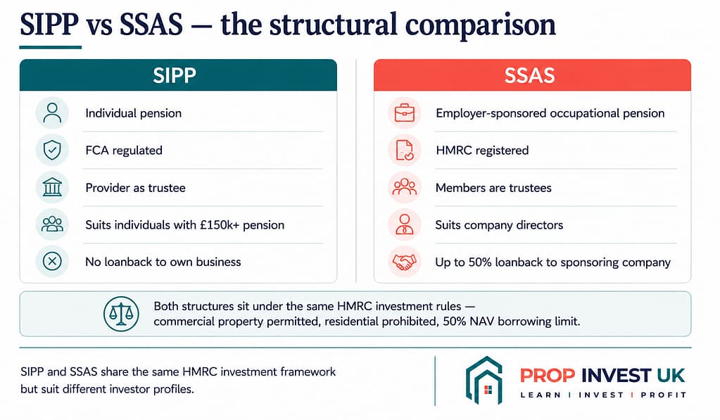 SIPP versus SSAS structural comparison — individual pension versus employer-sponsored occupational scheme, with shared HMRC investment rules