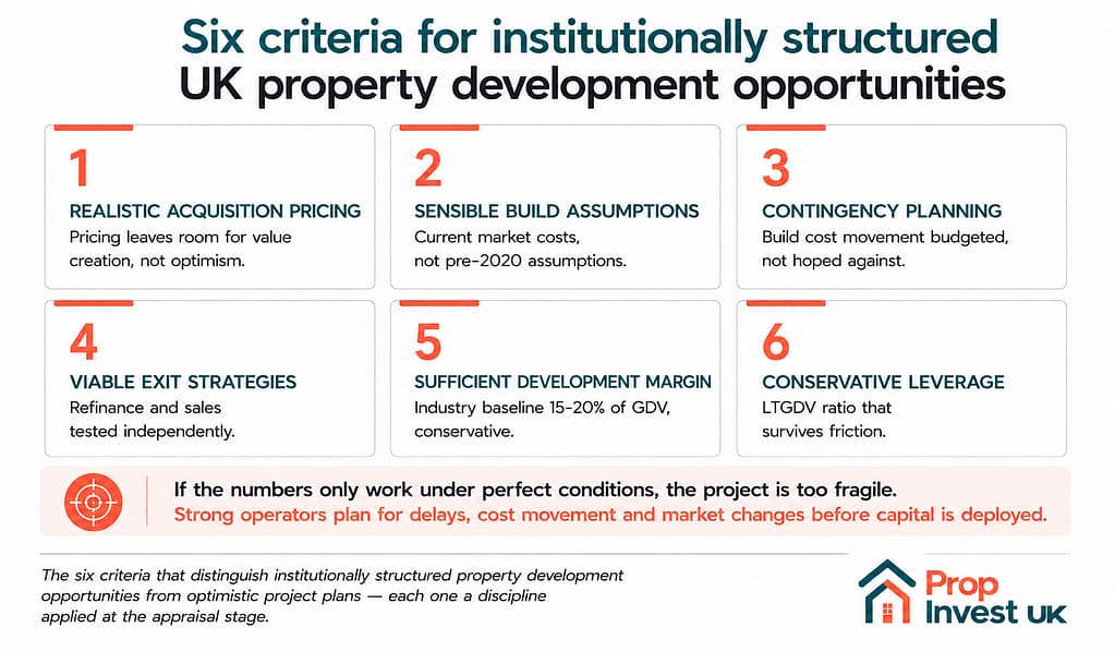 Six criteria for institutionally structured UK property development investment opportunities — realistic acquisition pricing, sensible build assumptions, contingency planning, viable exit strategies, sufficient development margin, and conservative leverage.