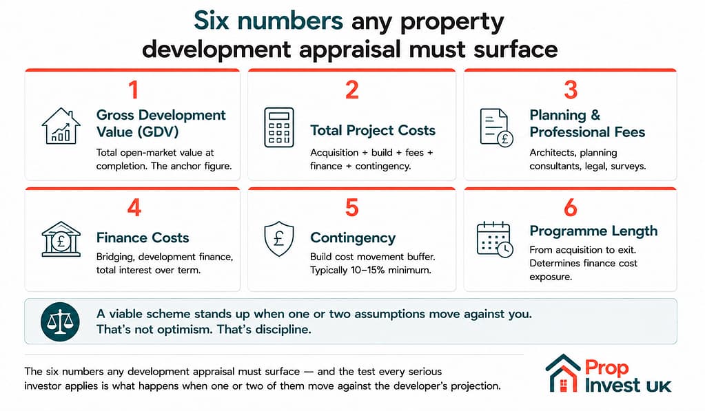 Six numbers any UK property development appraisal must surface — gross development value, total project costs, planning and professional fees, finance costs, contingency, and programme length.