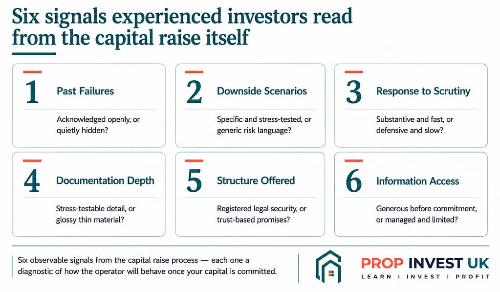 Six signals from the capital raise process that experienced investors use to evaluate property developers — past failures, downside scenarios, scrutiny response, documentation depth, security structure, and information access.