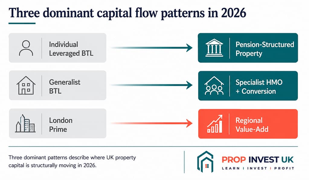 Three dominant capital flow patterns in the 2026 UK property investor landscape — individual BTL to pension-structured, generalist to specialist, London prime to regional value-add.