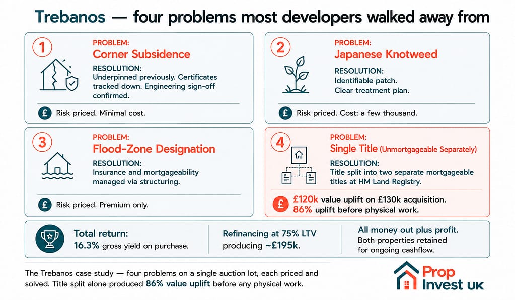 Trebanos case study showing four problems on a single property development auction lot — corner subsidence, Japanese knotweed, flood-zone designation, and single title — each priced and resolved, producing 86% value uplift from title split alone.