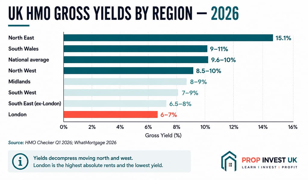 UK HMO gross yields by region for 2026 showing North East at 15.1% leading, with South Wales at 9-11% and London compressed to 6-7%