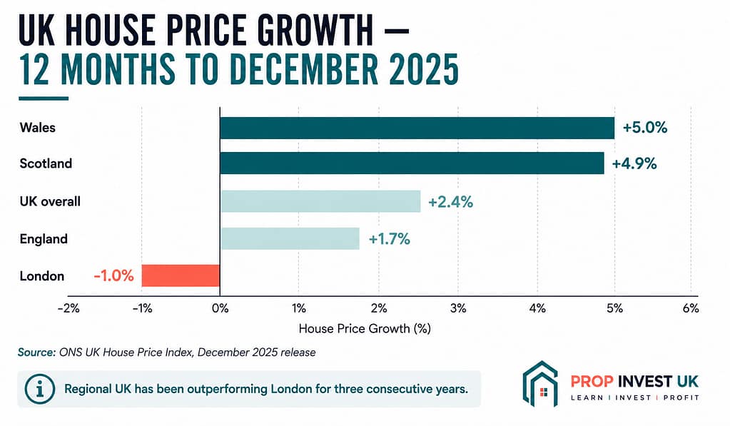 UK house price growth by region for the 12 months to December 2025 showing Wales and Scotland leading at 5.0% and 4.9% respectively, with London at -1.0%