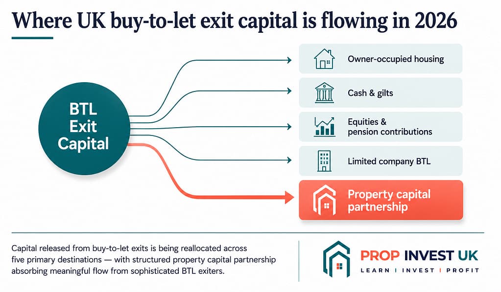 Five destinations for UK buy-to-let exit capital in 2026 — owner-occupied housing, cash and gilts, equities and pensions, limited company BTL, and property capital partnership.