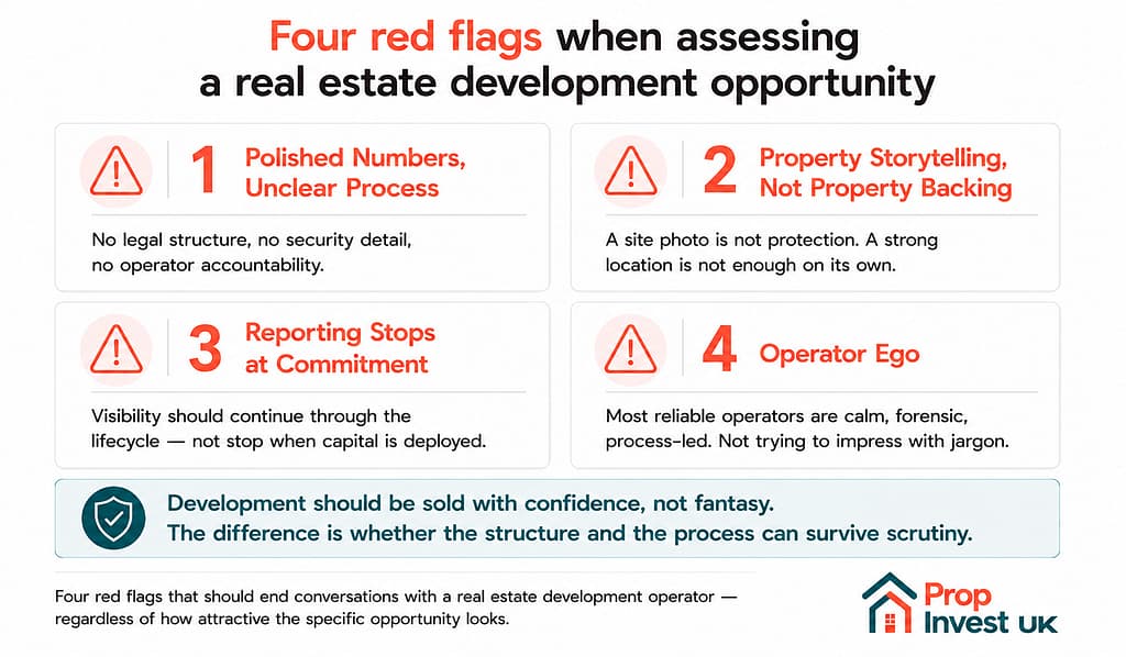 Four red flags when assessing UK real estate development opportunities — polished numbers without clear process, property storytelling without property backing, reporting stopping at commitment, and operator ego.