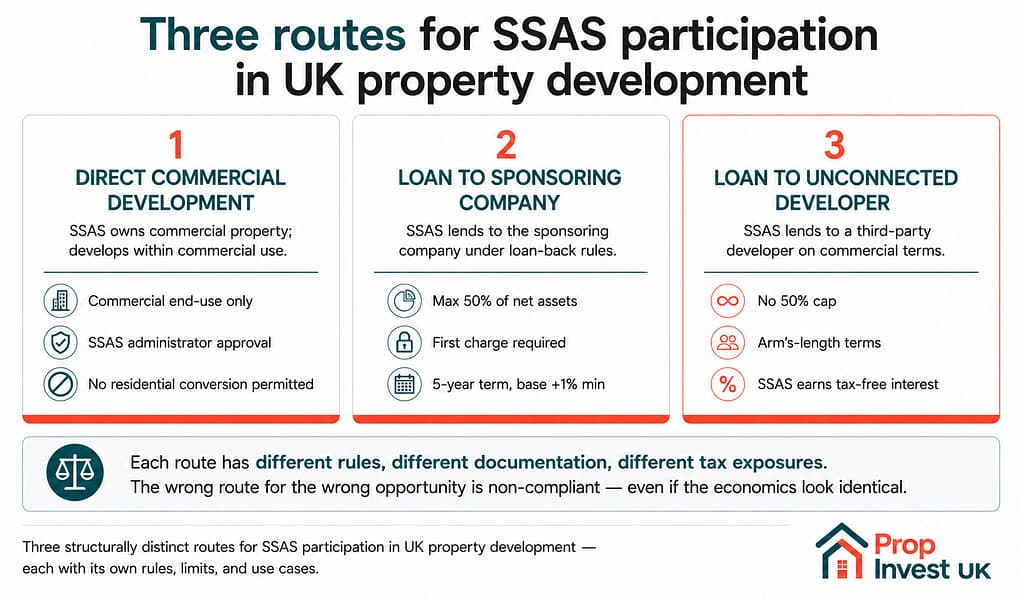 Three routes for SSAS participation in UK property development — direct commercial development, loan to sponsoring company under loan-back rules, and loan to unconnected third-party developer.