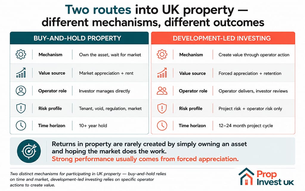 Buy-and-hold property versus development-led investing compared — mechanism, value source, operator role, risk profile, and time horizon.