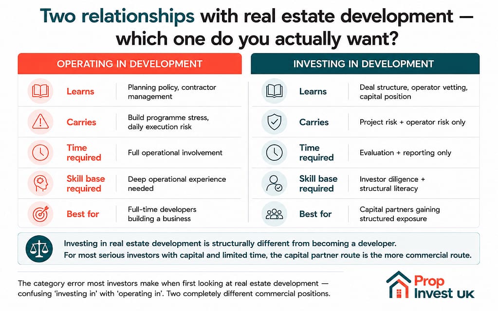Two relationships with real estate development compared — investing as a capital partner versus operating as the developer, including the skill base, time commitment, and risk profile of each.