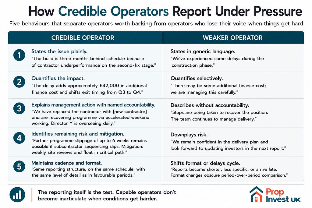 Comparison panel showing five behaviours that distinguish credible UK property operators from weaker ones when reporting on a difficult period — stating issues plainly vs generically, quantifying impact precisely vs selectively, naming management accountability vs describing without it, identifying remaining risk vs downplaying, and maintaining cadence vs shifting format