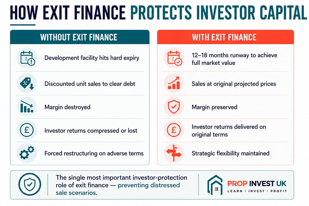 Comparison showing how UK development exit finance protects investor capital partners from forced sale scenarios at original facility expiry
