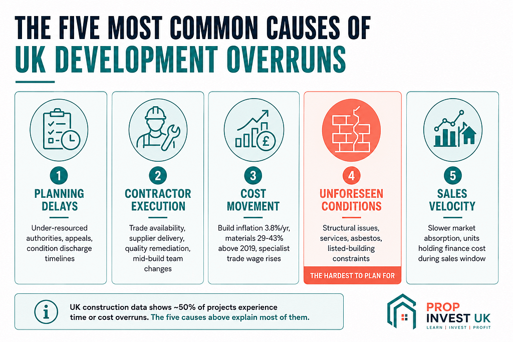 The five most common causes of UK property development project overruns: planning delays, contractor execution, cost movement, unforeseen conditions, and sales velocity