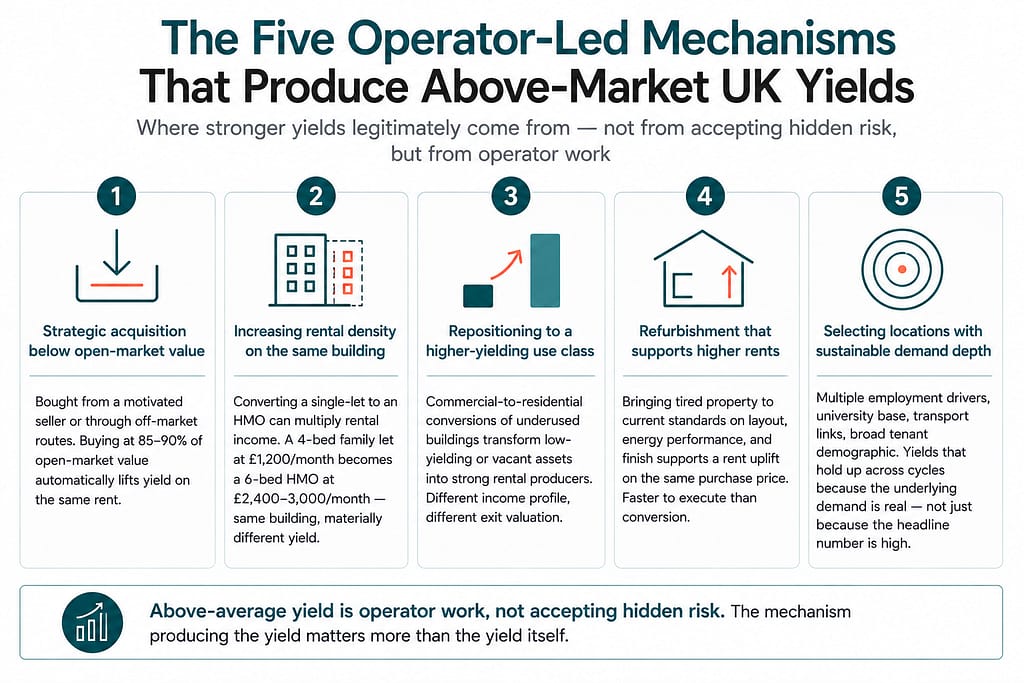 Diagram of the five operator-led mechanisms that produce above-market UK rental yields legitimately — strategic acquisition below open-market value, increasing rental density, repositioning to higher-yielding use class, refurbishment supporting higher rents, and selecting locations with sustainable demand depth