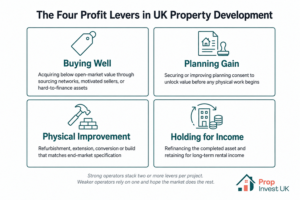 The four profit levers in UK property development: buying well, planning gain, physical improvement, and holding the completed asset for income